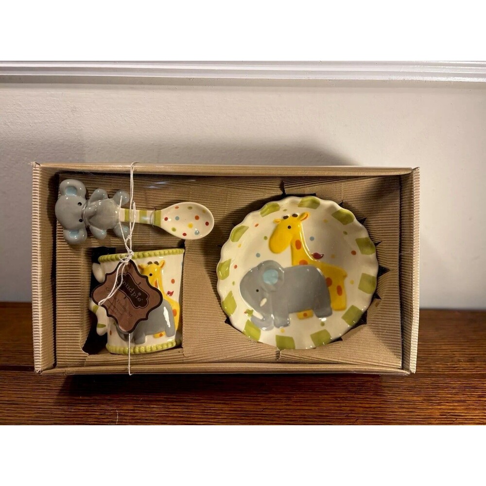 Mudpie Child's Dinnerware Set Bowl Mug Spoon Safari Theme Elephant Giraffe